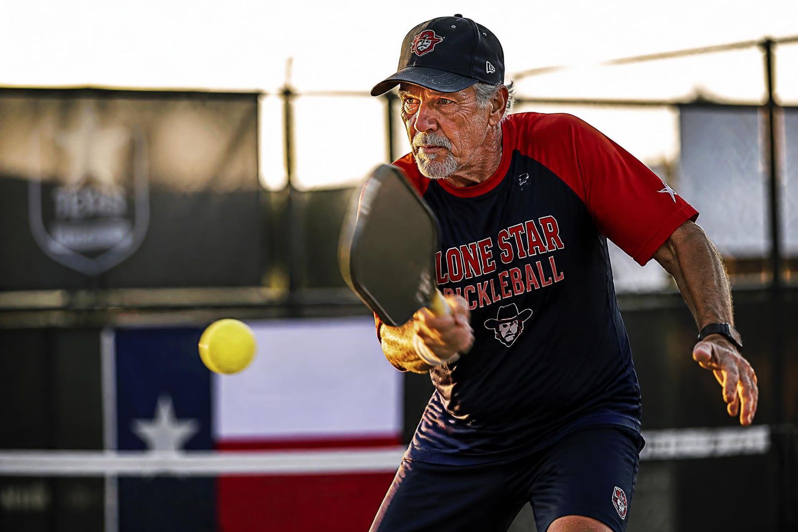 Texas Stars player driving a forehand during senior pro pickleball match action